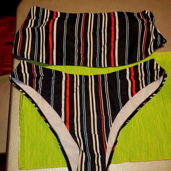 SHEIN Plus Size  Striped Bandeau High Waisted Bikini Swimsuit - Picture 1 of 5